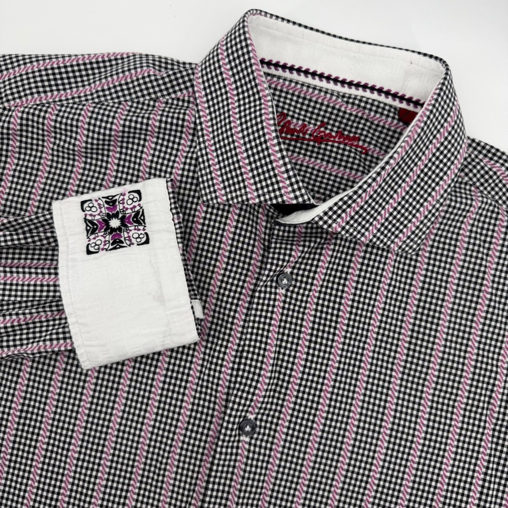 Robert Graham Black Pink Gingham Long Sleeve Button Up Flip Cuff Shirt Men Large